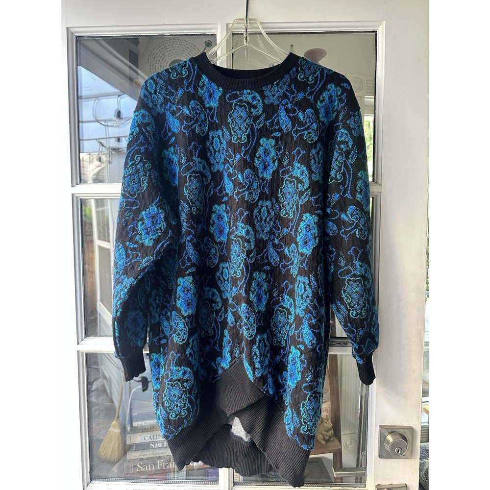 Vintage Jane Tise Black And Blue Floral Tunic Dress Esprit EUC